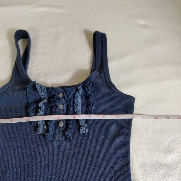 Abercrombie & Fitch S Cute Stretch Navy Ribbed Ruffle Tank Top Y2K Preppy Cami - Picture 6 of 9
